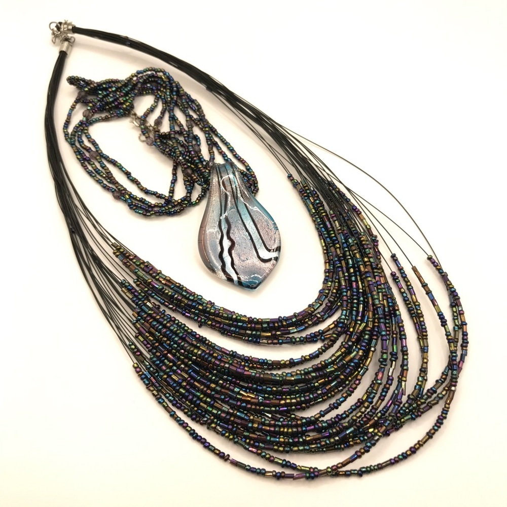 2 Multi-Strand Seed Bead & Glass pendant Necklaces - Picture 4 of 7